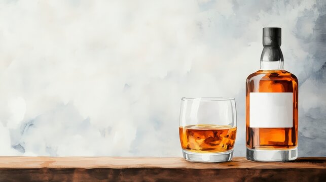 Elegant Watercolor Artwork of Whiskey Bottle and Glass on Wooden Surface with Soft Background