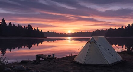Serene lakeside camping under the hues of a twilight sky, a peaceful retreat