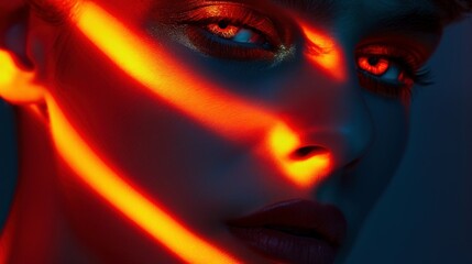 Sunset light streaks across face and hypnotic eyes portrait image closeup. Shimmering makeup. Expressive gaze close-up photography human scene. Fashion look concept photo-realistic