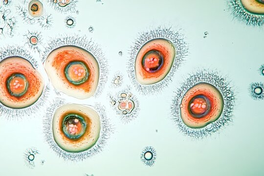 Microscopic view of actinosphaerium, a genus of heliozoan protists, showing pseudopodia radiating outwards and multiple nuclei, providing insights into cellular structure and function