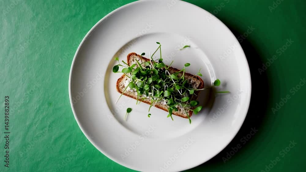 Poster microgreens sprout on a piece of bread topped with cream cheese, arranged on a white plate against a