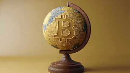 3D Render of a Gold and Brown Globe with Bitcoin Symbol on continents over Gold Background for Business and Technology Concepts