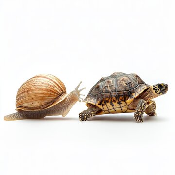 Snail and turtle walking side by side on white background