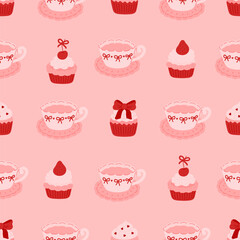 Seamless pattern of cupcakes decorated whipped cream, coquette bow, strawberry, cherry berry and elegant porcelain teacup. Trendy background with festive muffins, sweet desserts. Holiday backdrop