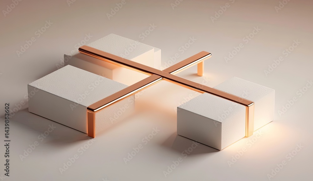 Poster abstract 3d rendering of white cubes intersected by a rose gold cross