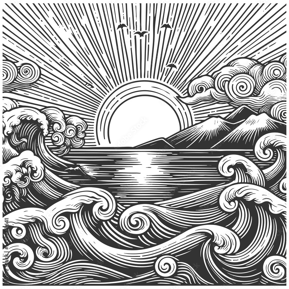 Poster ocean waves with a setting sun and starry sky in the background sketch engraving generative ai raste