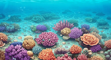 Vibrant underwater ecosystem featuring diverse coral formations and marine life