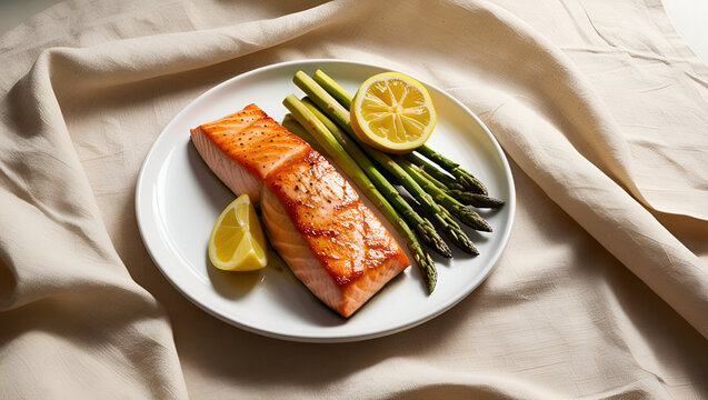 Close-up of juicy grilled salmon paired with crisp asparagus and vibrant lemon wedges, highlighting a fresh and flavorful dis