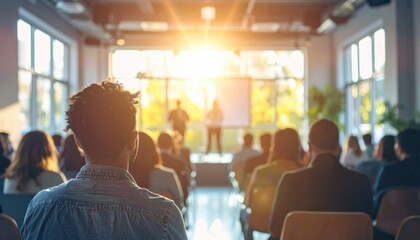 Audience attending a seminar in a modern conference room filled with sunlight