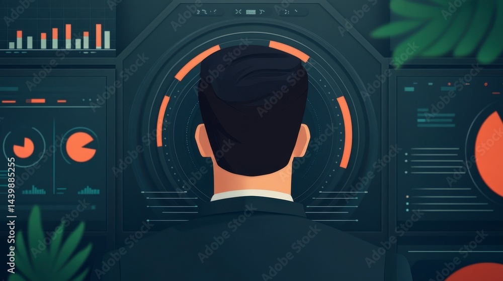 Aufkleber executive observer analyzing high-tech corporate workspace with 3d data visualizations