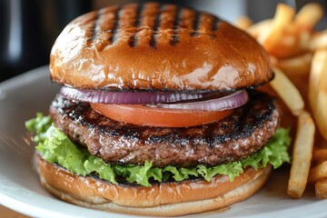 beef burger with lettuce, tomato, and onion
