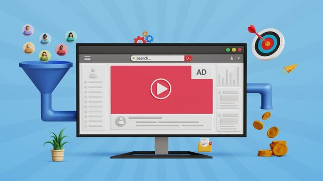 Marketing funnel, lead generation or sales conversion process. Targeted advertising, convert leads into sales, CRM, digital marketing. Lead conversion, marketing funnel on 3D computer. 4K 3D animation