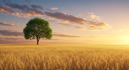 A lone, vibrant green tree stands majestically in a vast field of golden wheat under a breathtaking sky painted with hues of sunset.