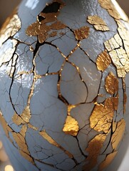 Grey and Gold Cracked Ceramic Vase close up