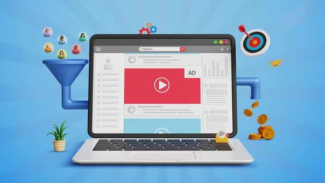 Marketing funnel, lead generation or sales conversion process. Targeted advertising, convert leads into sales, CRM, digital marketing. Lead conversion, marketing funnel on 3D laptop. 4K 3D animation