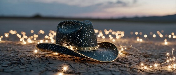Illuminated Cowboy Hat in Desert at Dusk