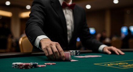 Dealer dealing cards at a poker table in a casino, gambling concept, casino games, entertainment, risk and win.