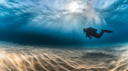Naklejka premium Underwater Diver Exploring Sandy Seabed: A Stunning Dive into the Ocean Depths