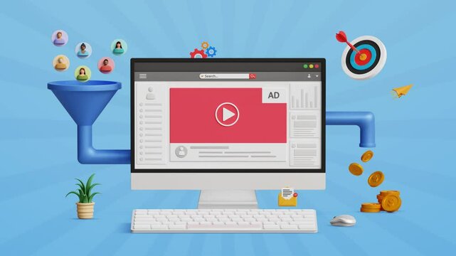 Marketing funnel, lead generation or sales conversion process. Targeted advertising, convert leads into sales, CRM, digital marketing. Lead conversion, marketing funnel on 3D computer. 4K 3D animation