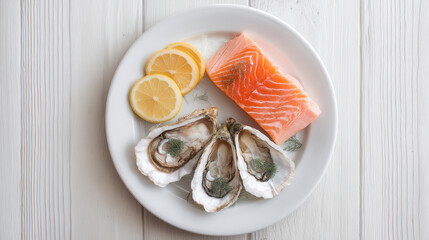 Fresh seafood platter with oysters and salmon served with lemon slices on a white wooden table