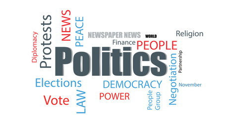 Obraz premium A political word cloud on a white background featuring terms like politics, elections, democracy, finance. Ideal for editorial and educational projects.