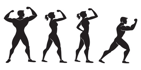 Silhouette of Muscular Men and Women Flexing Muscles Fitness Bodybuilding Strength