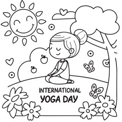 Girl Meditating in Nature Coloring Page International Yoga Day