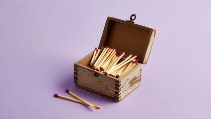 A rustic wooden box filled with red-tipped matches sits open on a pastel purple background.