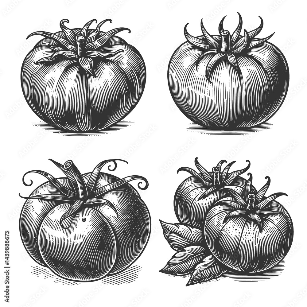 Poster tomato set collection bundle sketch engraving generative ai raster illustration. scratch board imita