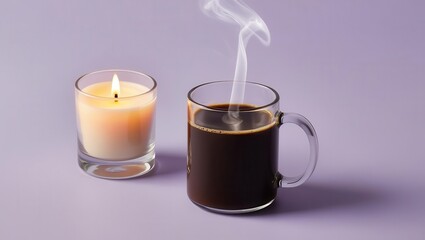 A steaming cup of coffee sits beside a lit candle on a smooth, light purple surface.