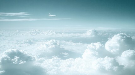 Fototapeta premium Airplane soaring above fluffy white clouds under a clear blue sky