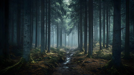 Obraz premium Enigmatic Forest Path: A Journey into the Misty Woods