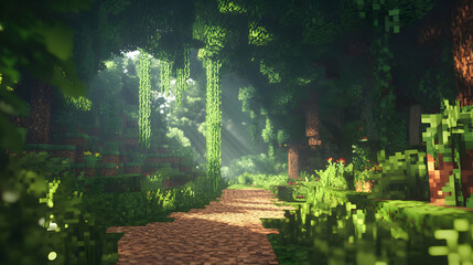 Sunlit Path Through a Lush Pixel Forest