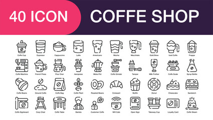Coffee Shop set of icon in line style. Coffee Shop user interface icon collection. Containing Coffee Machine, Coffee Grinder, French Press, Coffee Bag, Coffee Beans, and more. Editable Stroke