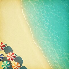 Naklejka premium Vintage Aerial Beach Scene: Colorful umbrellas on sand, turquoise ocean waves. Retro summer vacation top view illustration, aged paper texture background.
