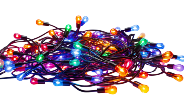 Close up of tangled colorful christmas string lights bulbs