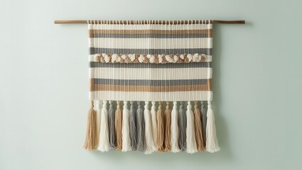 Naklejka premium Handmade woven wall hanging with tassels, neutral colors, and floral accents, displayed on a wooden rod against a pale green wall.