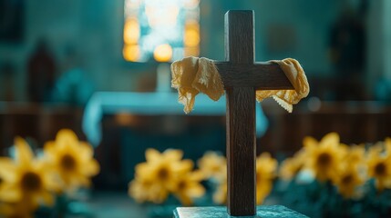 Wooden Cross with Yellow Cloth in Church Surrounded by Flowers