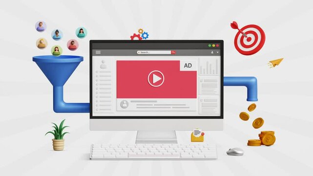 Conversion rate optimization, CRO, Leads generation, sales funnel. Customer-centric strategies, advertising campaign, online ads. Converting customers data into sales on 3D computer. 4K 3D animation