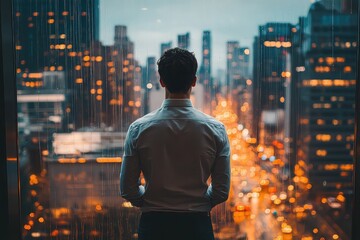Fototapeta premium An office worker looking out a window at a rainy city