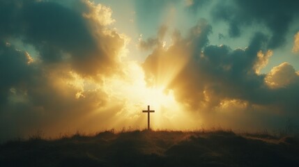 Obraz premium Majestic Sunrise Behind Cross with Dramatic Clouds and Light Rays