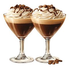 Two coffee martini glasses with chocolate drizzle and cream on transparent background PNG