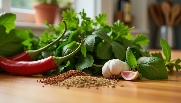 A bunch of herbs and spices are laid out on a wooden table. The herbs include parsley, basil, and cilantro, while the spices include garlic, pepper, and cumin