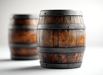 Obraz premium image of wooden keg with metal bands isolated on white background showcasing craftsmanship