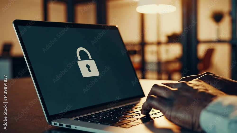 Poster Office worker is accessing secure data, typing a password on a laptop keyboard, with a lock icon displayed on the screen, symbolizing digital security and encryption