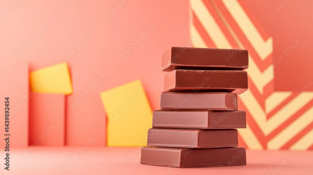 Poster stacked chocolate bars on a colorful background with geometric patterns and warm tones