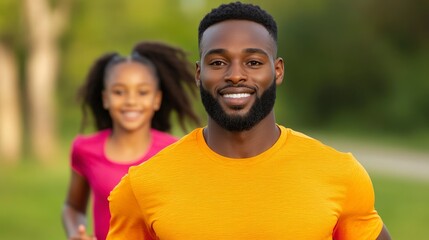Obraz premium Family Enjoying a Day of Running Together Through a Vibrant Park with Joyful Expressions and Smiling Faces