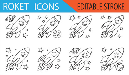 Various Space Exploration Icons with Rockets, Satellites, and Celestial Bodies