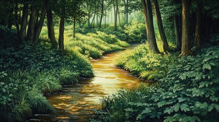 Obraz premium Sunlit Stream in Lush Green Forest, Tranquil Nature Scene