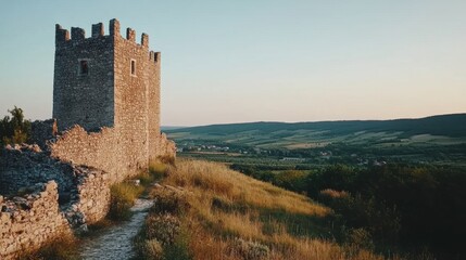 Ancient castle ruins overlooking a scenic valley in Europe
